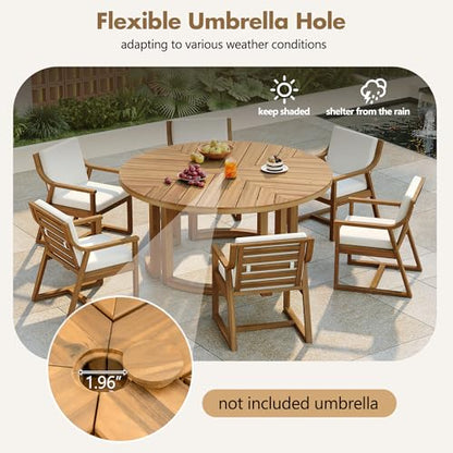 XD Designs 7-Piece Outdoor Patio Dining Set, All-Weather Acacia Wood 59'' Round Dining Table with 1.96" Umbrella Hole and 6 Arm Chairs for Backyard, Balcony, Garden, Poolside (Light Teak-2.14)