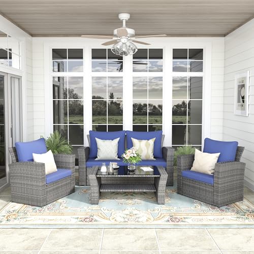 FansaFurn 4-Piece Outdoor Patio Furniture Set, All Weather Wicker Rattan Sectional Sofa Conversation Seating Set with Cushions & Large Glass Coffee Table, Ideal for Garden Backyard Porch, Blue