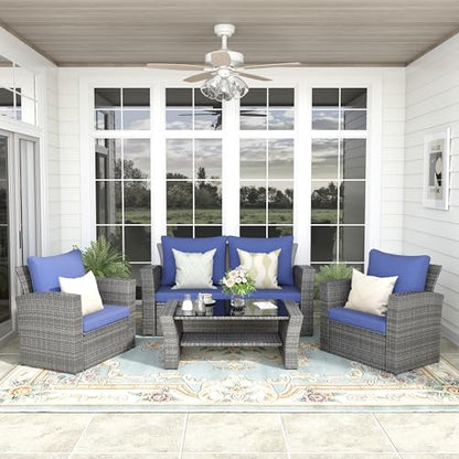 FansaFurn 4-Piece Outdoor Patio Furniture Set, All Weather Wicker Rattan Sectional Sofa Conversation Seating Set with Cushions & Large Glass Coffee Table, Ideal for Garden Backyard Porch, Blue