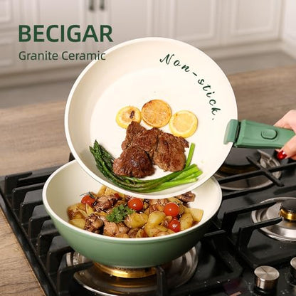 BECIGAR 23pcs Ceramic Pots and Pans Set, Nonstick Detachable Handle Cookware, Induction Kitchen Cooking Set with Removable Handle,include Frying Pans & Saucepans Oven Safe(Green)