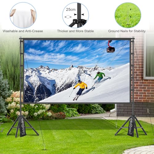 Outdoor Projector Screen with Stand, TOWOND 120 inch Portable Movie Screen, 16:9 HD Foldable Anti-Crease Projection Screen with Carry Bag for Home Theater Outdoor Indoor Support Double Sided