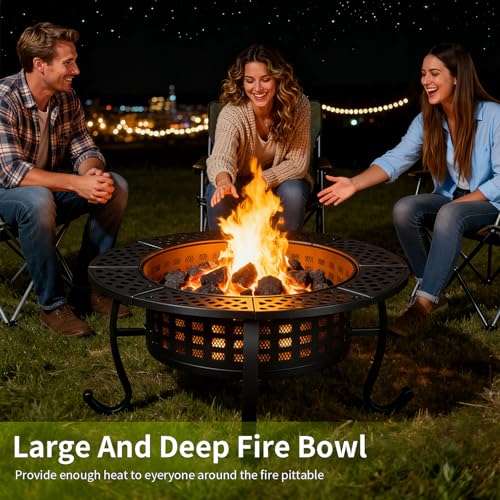 FDW 36 Inch Fire Pit with 2 Adjustable Grills,Wood Burning Fire Pits for Outside with Lid & Fire Poker, BBQ& Outdoor Firepit & Round Metal Table 3 in 1 for Patio, Picnic, Party