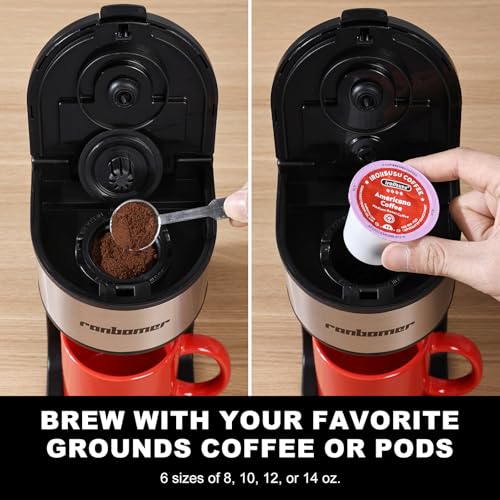 Ranbomer K Cup Coffee Maker, Single Serve coffee machine or Ground Coffee Machine 2 in 1, 6 to 14 Oz Brew Sizes, Mini One Cup Coffee Maker with Self cleaning Function.