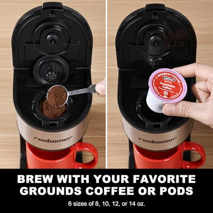 Ranbomer K Cup Coffee Maker, Single Serve coffee machine or Ground Coffee Machine 2 in 1, 6 to 14 Oz Brew Sizes, Mini One Cup Coffee Maker with Self cleaning Function.