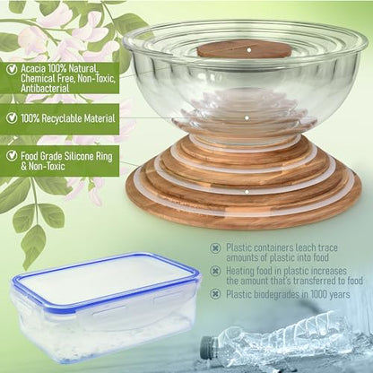 dokaworld Set of 5 Nesting Glass Bowls with New Updated Acacia Lids for Foodprep, Storage, Mixing & Cooking - Microwave & Oven-ready BPA Free Durable Heat Resistant Inert Borosilicate Glass