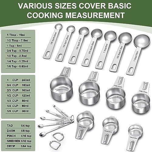 EWFEN Measuring Cups and Spoons Set, 7 Stainless Steel Nesting Measuring Cups & 7 Spoons, 5 Mini Measuring Spoons & 2 Detachable Rings, Kitchen Gadgets for Cooking & Baking, Round