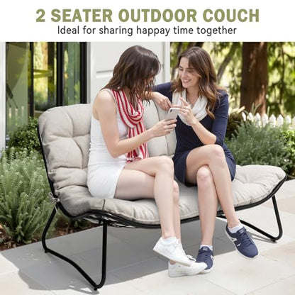 Outdoor Loveseat with Soft Cushion，Patio 2-Seat Boho Sofa (Beige)