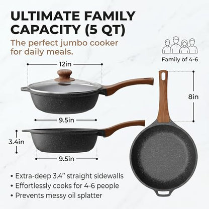 YASHE 12 Inch Nonstick Saute Pan with Glass Lid, 5 QT Large Deep Skillet & Frying Pan, Healthy Granite Stone Cookware for Family, One Pan Replaces Five, Induction Compatible, PFOA Free