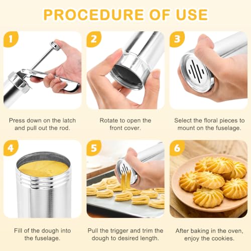 Stainless Steel Cookies Press Gun Manual Churro Maker Machine Churro Maker Kit with 20 Cookie Discs and 4 Piping Tips for DIY cake Makers Decorating Baking Supplies(Silver,Size:16.5x5cm/6.5x1.97inch)