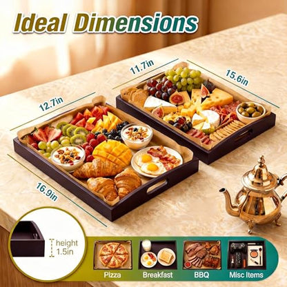 Dark Brown Bamboo Serving Tray Set of 2 with Handles, Nesting Wooden Trays for Serving Food & Drinks, Rectangular Coffee Table Ottoman Tray for Living Room Decor, Large 16.9” & Small 15.6”