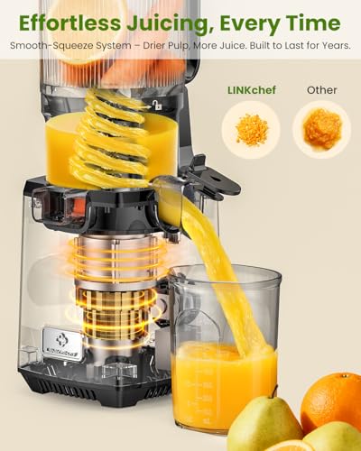 LINKChef Cold Press Juicer Machines, 130mm Diameter and 1.8L Capacity Juicers Whole Fruit and Vegetable, 250W Masticating Slow Juicer with Automatic Cutting, BPA-Free Tritan