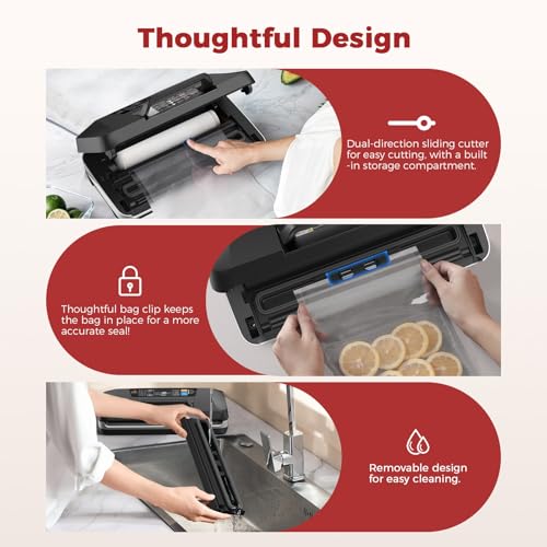 Vacuum Sealer Machine, Upgraded 230W 95KPa 10-in-1 Food Sealer with Double Heat Seal for Dry Moist Food, Easy-Lock Handle, Hose, Built-in Cutter and Bag Storage + Bags (1 Roll + 10 Pre-cut)