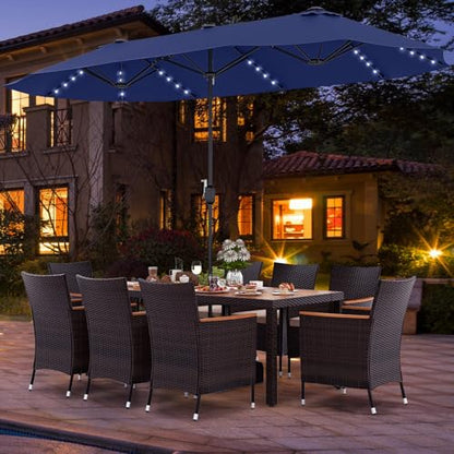 Tangkula 11 Pieces Patio Dining Set with 15ft Double-Sided LED Patio Umbrella (Base Included), Outdoor Rattan Furniture Set with 8 Stackable Chairs, Acacia Wood Dining Table and Umbrella (Navy)