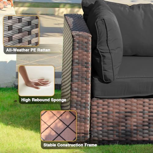 TANGJEAMER 5 Piece Patio Furniture Set with Fire Pit Table, Outdoor Sectional Sofa PE Rattan, Patio Conversation Sets with Cushions for Garden Lawn Balcony Porch Deck Black