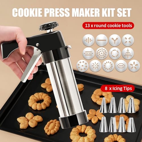 Stainless Steel Cookie Press Gun with 13 Discs & 8 Icing Nozzles, Baking Tools Set, for Effortless Cookie Making and Frosting Decoration