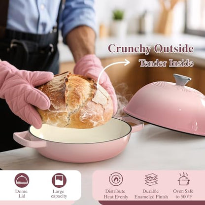 Cast Iron Dutch Oven Pot with Lid, Round Bread Oven for Sourdough Bread Baking, Umite Chef Enameled Cast Iron Bread Oven with Dome Lid & Cotton Potholders for Sourdough, Pink, 6 Quarts