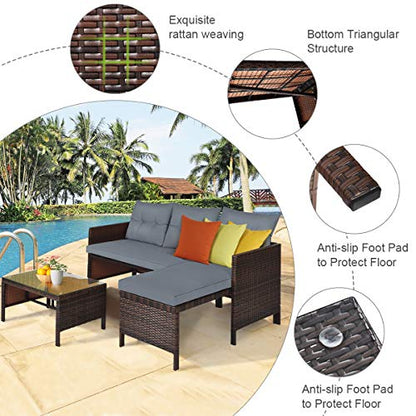 Tangkula Patio Corner Sofa Set 3 Piece, Outdoor Rattan Sofa Set, Includes Lounge Chaise, Loveseat & Coffee Table, Patio Garden Poolside Lawn Backyard Furniture