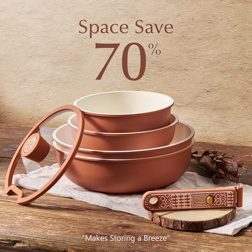 CAROTE 21-Piece Ceramic Cookware Set, Nonstick Pots and Pans Set with Detachable Handle, Non-Toxic Kitchen Cooking Set, Induction Compatible, Dishwasher & Oven Safe, Terracotta
