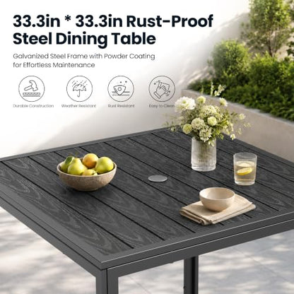 Pamapic 5-Piece Outdoor Dining Set, All Weather Patio Table and Chairs Set with Umbrella Hole, Wood-Like Metal Table and 4 360° Swivel Textilene Chairs for Backyard, Poolside, Deck, Porch, Grey