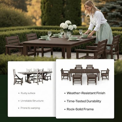 Patio Kingdom 9-Piece Outdoor Dining Set for 8, 75.2" HDPE Table with Umbrella Hole & 8 Chairs, All-Weather Patio Furniture for Lawn, Yard, Deck, or Poolside, Fade & Crack Resistant (Brown)