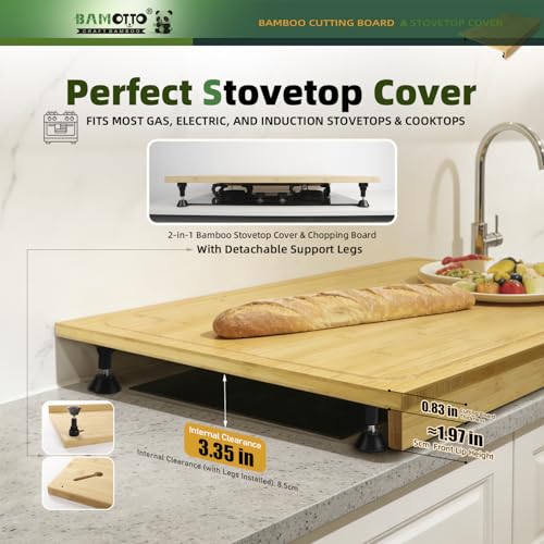 BAMOTTO CRAFTBAMBOO 30 x 21 in Extra Large Bamboo Cutting Board, Stovetop Cover, Sink Cover, Noodle Board with Detachable Legs & Detachable Non-Slip Front Lip for Kitchen Countertop