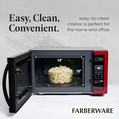 Farberware 1.1 Cu. Ft. Countertop Microwave Oven – 1000 Watts Power, Auto Cook Settings, Defrost, Easy Clean and Child Safety Lock - Metallic Red
