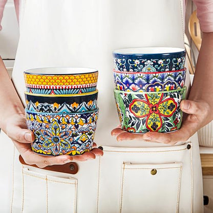 8 oz Ramekins Oven-Safe – Baking Cups for Creme Brulee, Puddings, Souffles, Custards, Ice Cream & Dips – Ceramic Single-Serve Bowls Set of 6, Bohemian Style