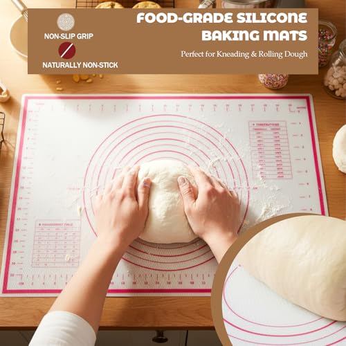 Hadnves Silicone Baking Mat 23.6" × 15.7" Extra Large Pastry Dough Mat with Measurements For Rolling Dough Bread Pizza Pie Crust Fondant Making Oven Liner Kitchen Counter Non-Slip Non Stick Reusable