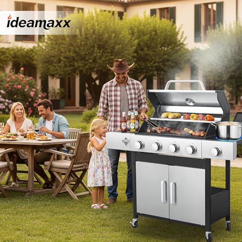 IdeaMaxx Propane Gas Grill 4 Burner, 49,000 BTU Outdoor BBQ Grill with Side Burner, Porcelain Cast Iron Grates & Stainless Steel, Fast Heating for Backyard, Camping, Tailgating