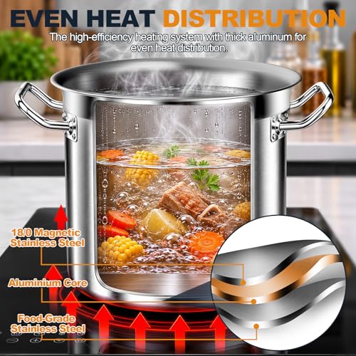 Large Stock Pot - 20QT Stainless Steel Stockpot with Lid, Heavy Duty Tri-Ply Bottom Commercial Grade Soup Pot for Cooking Soup, Stew, Pasta, Oven, Gas, Ceramic, Dishwasher Safe
