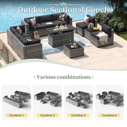 Aoxun 11 Piece Patio Furniture Set with 44" Fire Pit Table Wicker Rattan