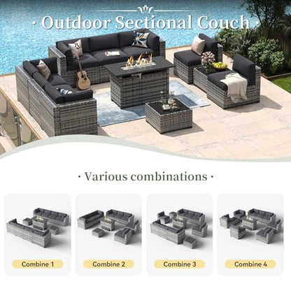 Aoxun 11 Piece Patio Furniture Set with 44" Fire Pit Table Wicker Rattan