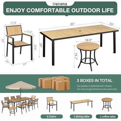 PATIOPIA 10-Piece Patio Dining Set, Outdoor Weather-Resistant Plastic-Wood Table & 8 Stackable Chairs, Outdoor Durable Aluminum Frame Furniture for Garden, Poolside, Backyard
