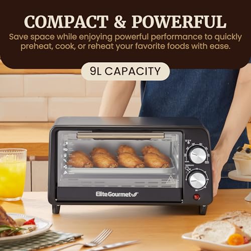 Elite Gourmet ETO449X Countertop Toaster Oven, 9.5Qt / 4-Slice Capacity, Fits 8'' Pizza, 800W Quartz Heating, 200–450°F Adjustable Temperature, 30-Min Timer, Compact Mini Oven, Black