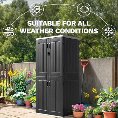 DWVO Outdoor Vertical Storage Cabinet with 4 Shelves, Waterproof Tall Plastic Storage Shed with 4 Adjustable Shelf, 30 cu. ft. Patio Tools Storage Box for Patio, Garden, Backyard, Deck, Dark Gray