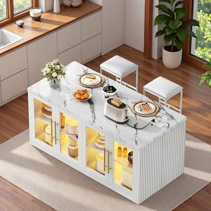 Homiflex Kitchen Island with Storage, Imitation Marble Island Table with LED Lights & Cabinet for Kitchen, Modern Kitchen Carts on Wheels for Dining Room, Home Bar, White