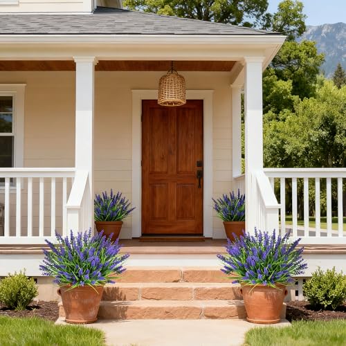 AmberFun 16 Bundles Artificial Plants Outdoor, UV Resistant Fake Lavender & Monkey Grass, Realistic Plastic Faux Plants for Balcony, Patio, Porch Greenery Decor, Planter Filler(Purple)