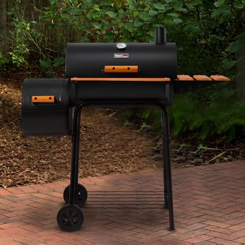 Royal Gourmet CC1624W Barrel Charcoal Grill with Offset Smoker, 552 Sq. In. Cooking Area, Wooden Front and Side Shelf with Hooks, Mesh Bottom Shelf, Charcoal Grill for Outdoor Grilling, Black