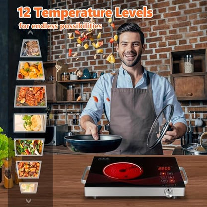 Portable Electric Cooktop, 2200W Ceramic Glass Induction Burner, 12 Power Levels, 3-Hour Timer