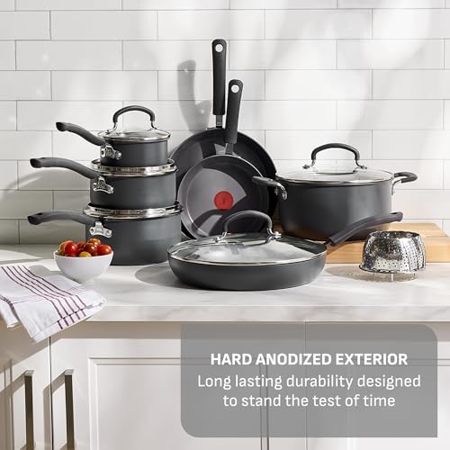 T-Fal Ultimate Hard Anodized Nonstick 13 Piece Cookware Set, Oven Safe Up to 400°F, Pots and Pans Set, Includes Frying Pans, Saucepan, Stockpot, Cooking Utensils, Stone