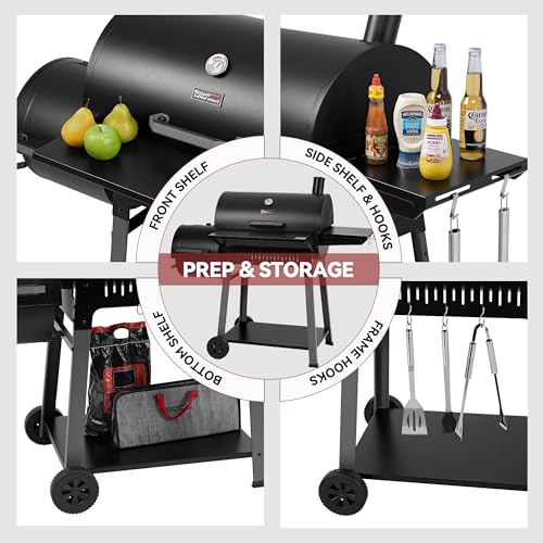 Grills House Barrel Charcoal Grill with Offset Smoker, 824 Sq. In. Cooking Area,Frame Tool Hooks, Bottom Shelf, Blow-Molded Wheels, Outdoor Charcoal Grill for Backyard Cooking, Black, CC1831S-SC