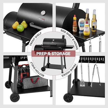 Grills House Barrel Charcoal Grill with Offset Smoker, 824 Sq. In. Cooking Area,Frame Tool Hooks, Bottom Shelf, Blow-Molded Wheels, Outdoor Charcoal Grill for Backyard Cooking, Black, CC1831S-SC
