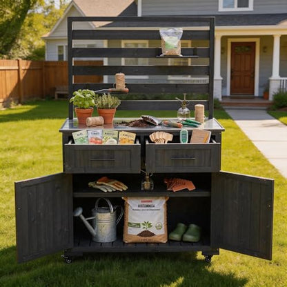 Oevsld 64.9" Farmhouse Wood Outdoor Cabinet with Stainless Steel Tabletop, Large Kitchen Island on Wheels with Hutch, Prep Station for Big Green Egg, BBQ Grill Table & Garden Work Bench