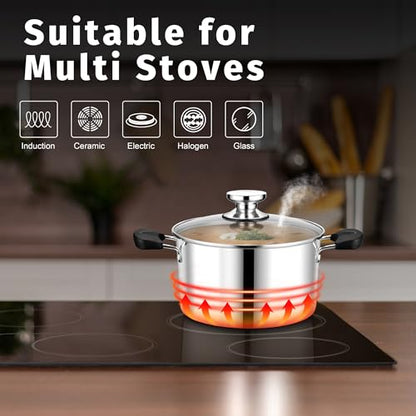 5 Quart 3-Ply Cooking Stock Pot with Lid, P&P CHEF Stainless Steel Large Pot for Pasta Soup, Work on Multi Stove, Heavy Duty & Dishwasher Safe, Dual Heat-resistant Handles & Transparent Glass Lid
