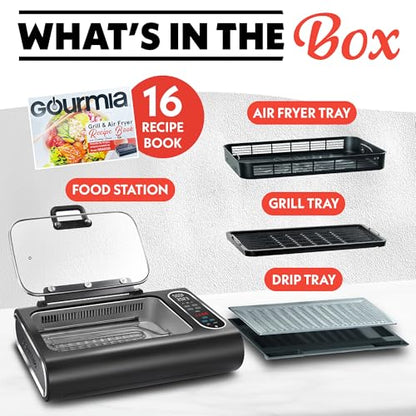 Gourmia Smokeless Indoor Grill - Air Fryer Combo with Smoke Extractor, 5 Cooking Presets, Grill, Air Fry, Roast, Bake, Dehydrate, Countertop Cooker, Glass Lid