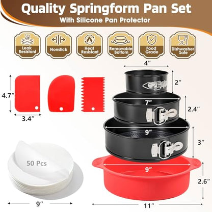 MASSUGAR 4 7 9 Inch Springform Pan Cheesecake Pan with Silicone Protector, 50 Pcs Parchment Paper Liners, 3 Cake Scrapers, Leakproof Round Cake Pan for Baking in Water Bath Nonstick Spring Form Pan