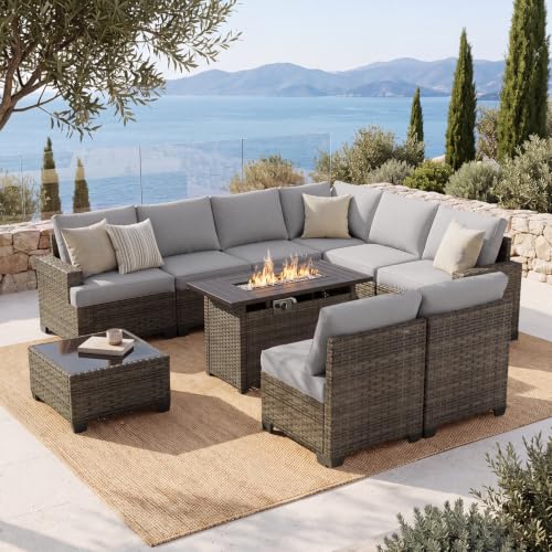 Aoxun Luxury 10 Piece Patio Furniture Set with Fire Pit Table, Gray