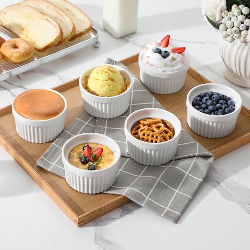MALACASA Ramekins 6 oz Oven Safe, Porcelain Creme Brulee Ramekins Pudding Custard Cups Small Ceramic Souffle Dishes Ramakan Ramiken Ramicans Baking Bowls Set of 6, White, Series RAMEKIN-DISH