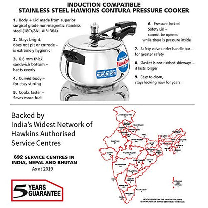 Hawkins 5 Litre Contura Pressure Cooker, Stainless Steel Inner Lid Cooker, Handi Cooker, Induction Cooker, Silver (SSC50)