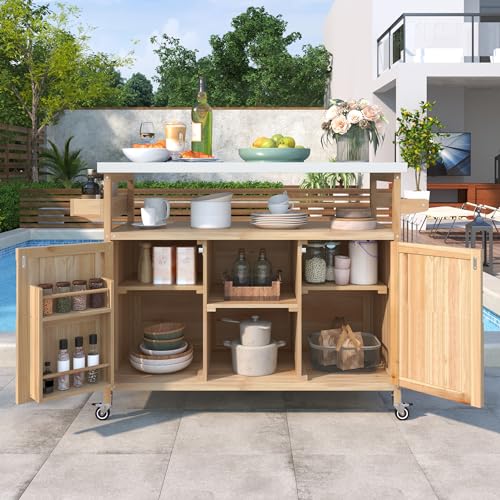 FUvellamo 50.25'' Rolling Outdoor Kitchen Island with Stainless Steel Top and Storage Cabinet, Farmhouse Outdoor Grill Table with Towel Rack for Kitchen BBQ, Natural